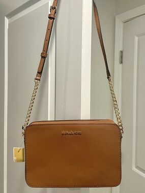 Michael Kors Tan Leather Crossbody with Gold Chain Detail